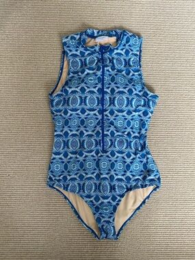 Cabana Life One-Piece Swimsuit Blue Geo Zip-Front Women’s Medium UPF 50+